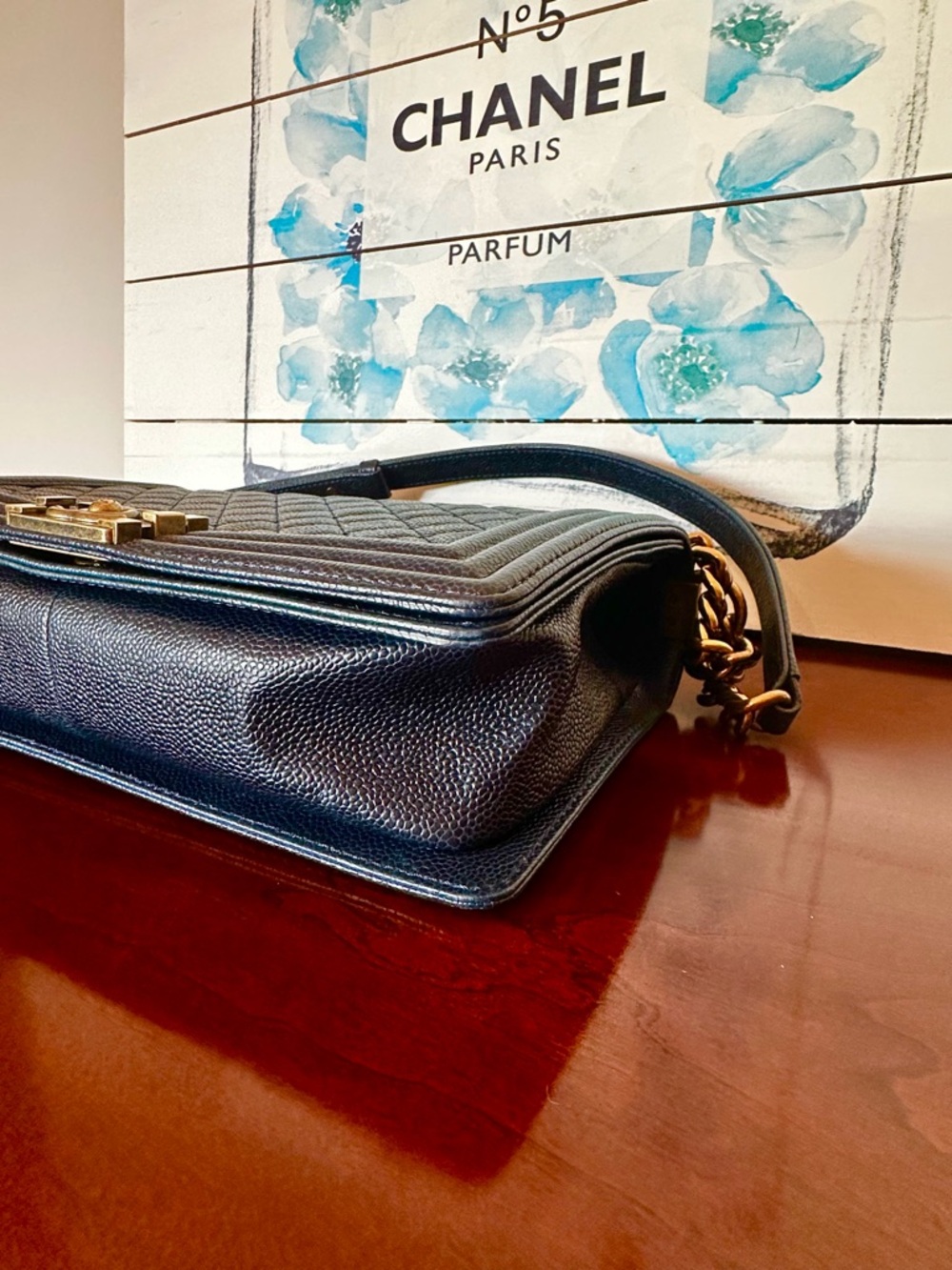 CHANEL Dark Navy Quilted Boy Flap Shoulder Bag with Gold Chain - Picture 6 of 16